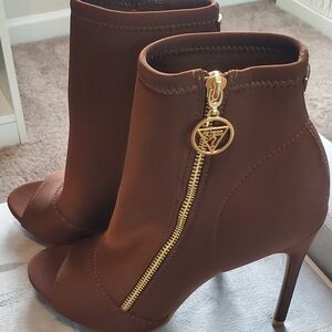 Guess Brown Heeled Ankle Boots with Gold Zipper